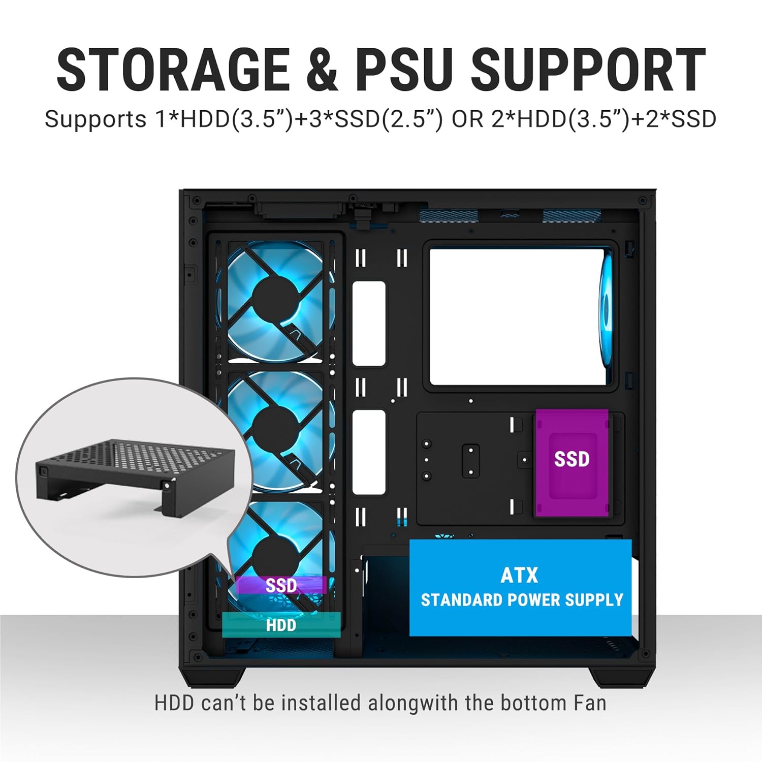 Ant Esports Crystal X7 ATX Computer Case/Gaming BlackType-C, supports ATX Micro-ATX Mini-ITX, 3 M/B plate fans, 2 PSU shroud fans - Image 13