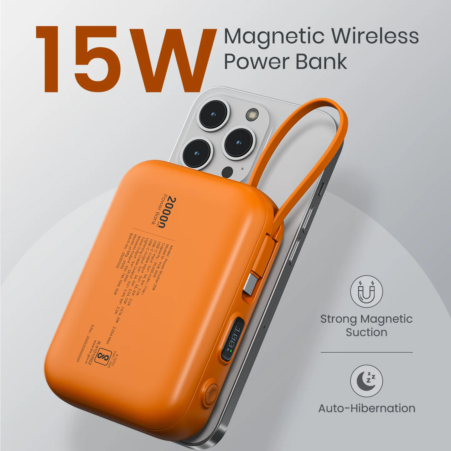 Portronics Power Shutter 20000mAh 15W Magnetic Wireless Fast Charging Powerbank with in-Built Type C & 8 Pin Cable, 22.5W Type C PD Output(Orange) - Image 2