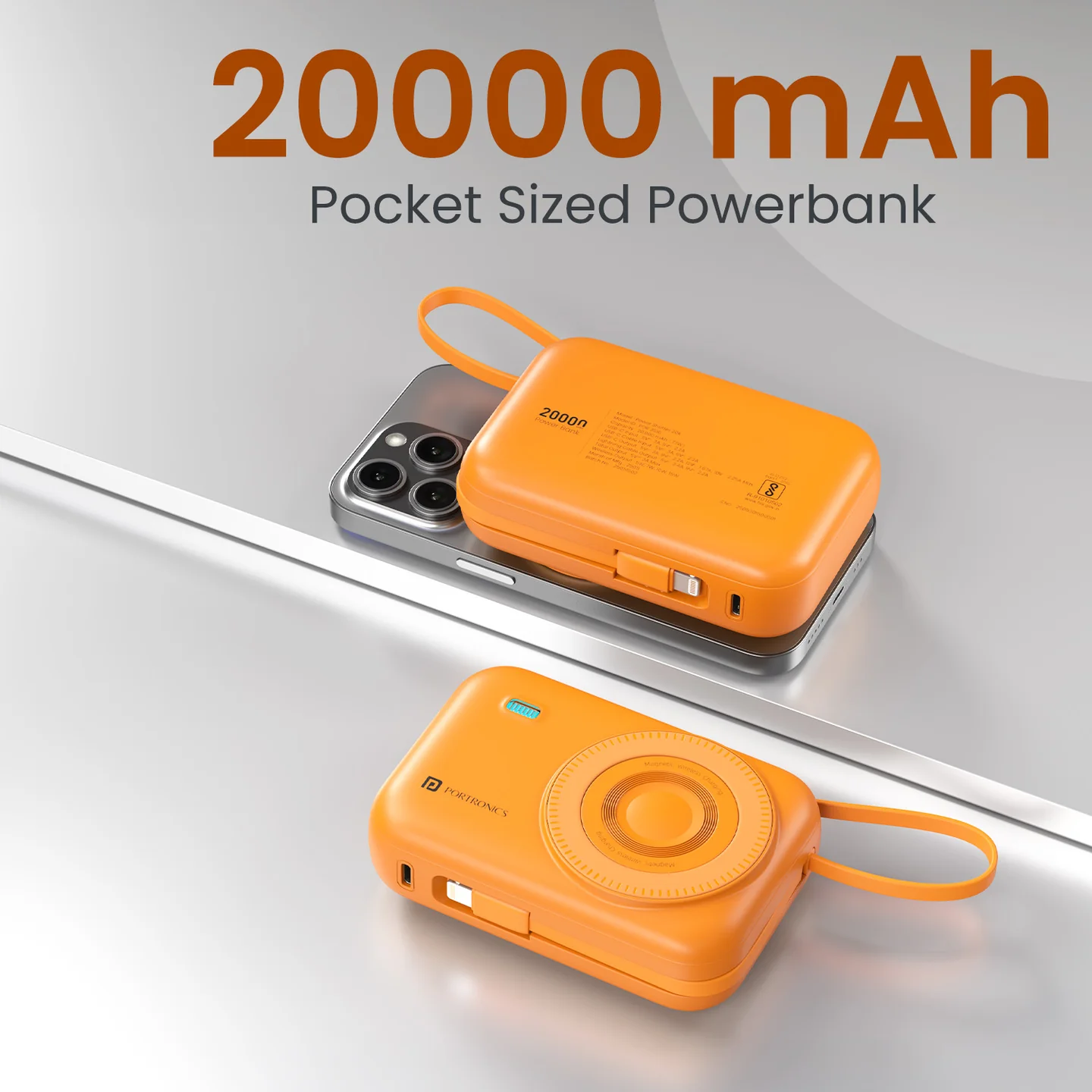 Portronics Power Shutter 20000mAh 15W Magnetic Wireless Fast Charging Powerbank with in-Built Type C & 8 Pin Cable, 22.5W Type C PD Output(Orange) - Image 6