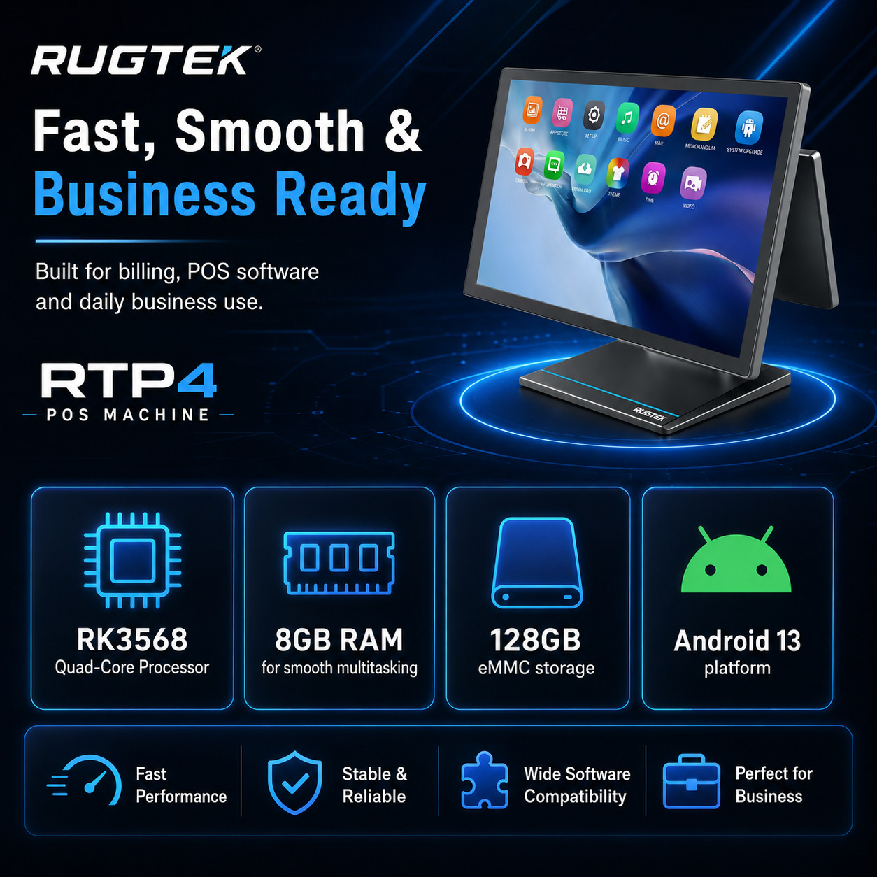 Rugtek RTP4 POS Machine – 15.6" Sleek Android 13 Terminal, RK3568 Quad-Core, 8GB RAM, 128GB eMMC, WiFi+BT, Multiple Ports, 1 Year Onsite Warranty - Image 6