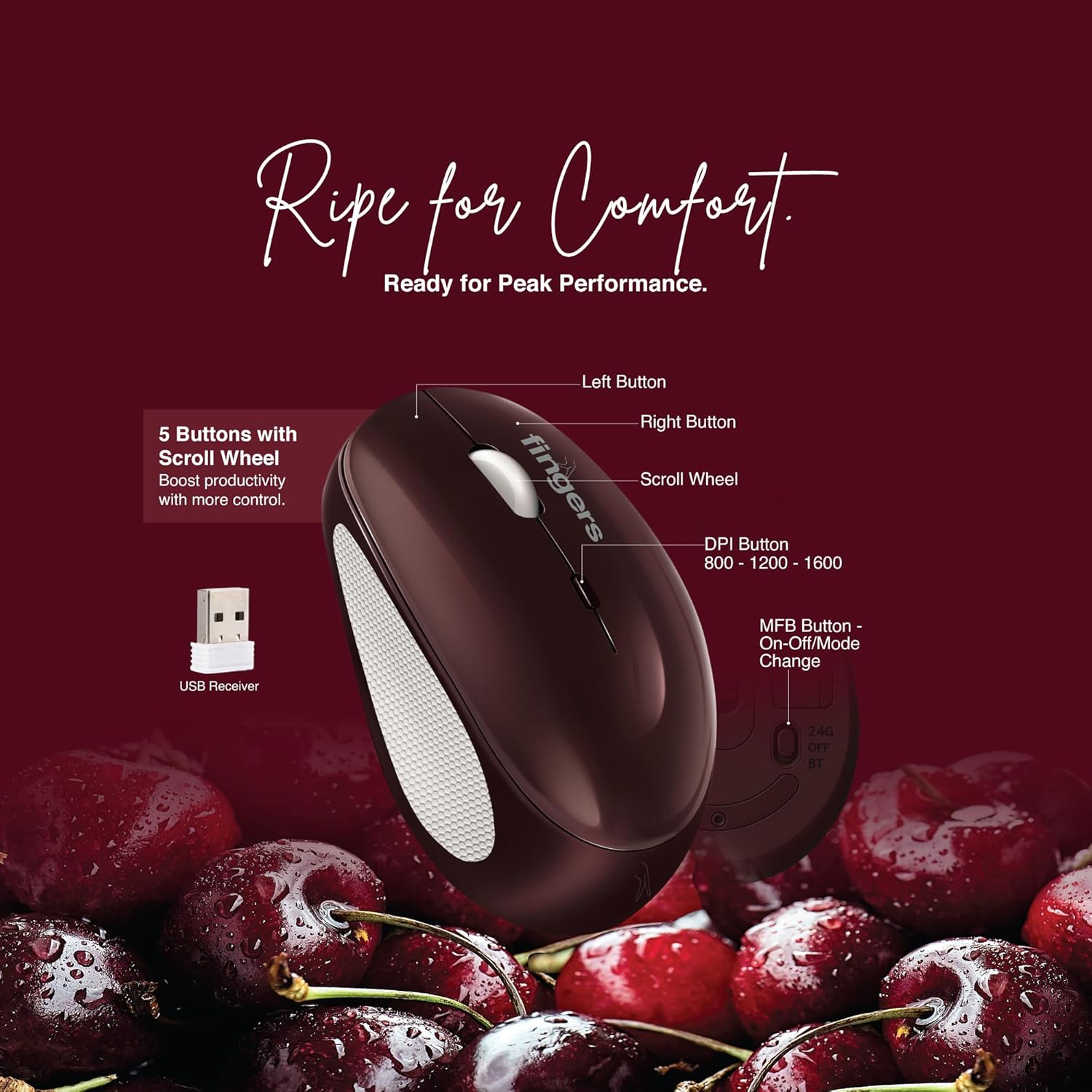 FINGERS CherryGrip Wireless Mouse - 3-in-1 (Bluetooth + USB Receiver + Rechargeable), Adjustable DPI (800/1200/1600), Ambidextrous, Anti-Slip Grip, Simple Plug-n-Play - Cherry Red - Image 4
