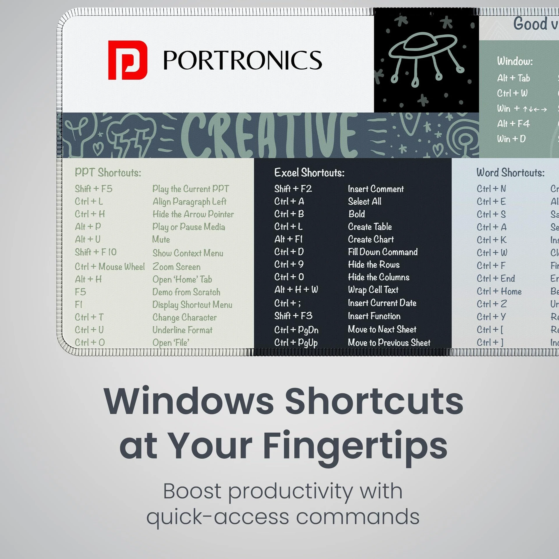 Portronics Comfipad 2 Extended Mouse Pad, Windows Shortcuts, Non-Slip Base, Stitched Edges Non Slip Base Mousepad (Grey) - Image 3