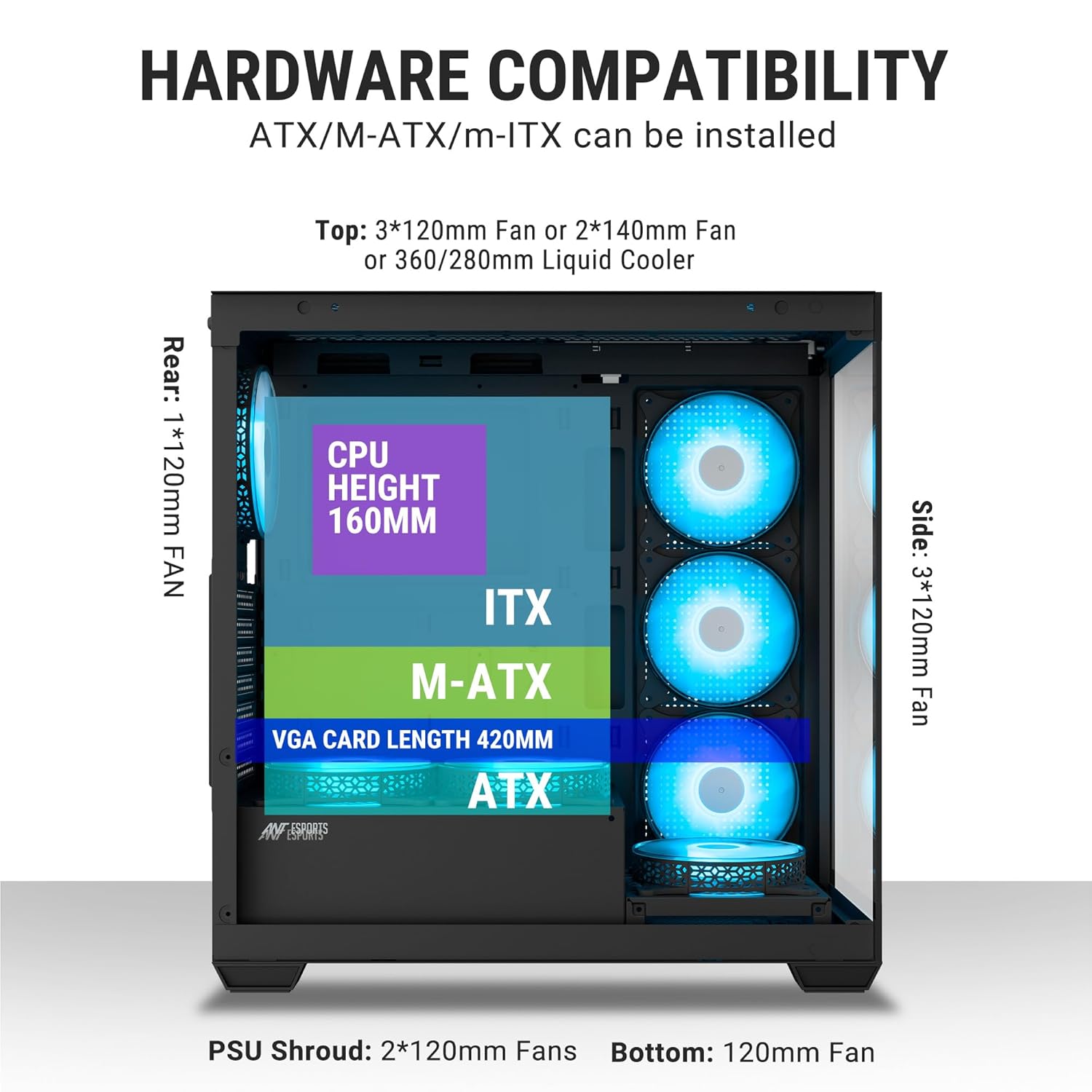 Ant Esports Crystal X7 ATX Computer Case/Gaming BlackType-C, supports ATX Micro-ATX Mini-ITX, 3 M/B plate fans, 2 PSU shroud fans - Image 12
