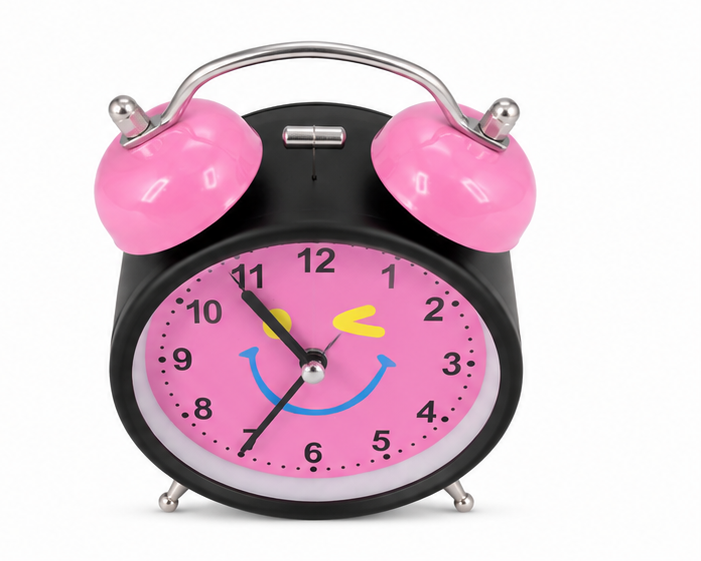 Black & Pink Twin Bell Analog Alarm Clock with Smiley Face Dial - Image 1