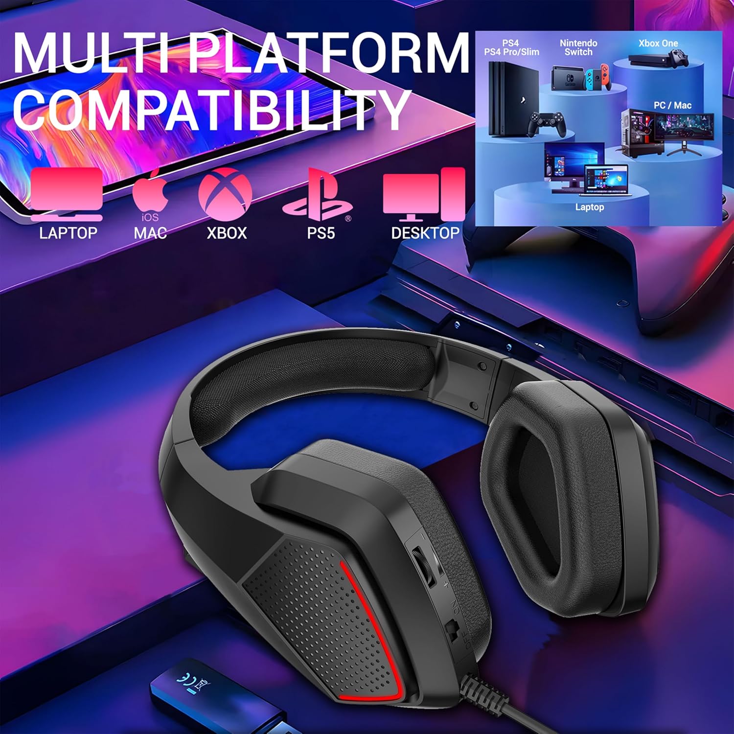Ant Esports H590 7.1 Surround Sound Gaming Headset, USB Wired Over-Ear Headphones with 50mm Drivers, Noise Cancelling Mic, Red LED, Soft Earmuffs, for PC, PS5, Xbox, Laptop - Image 7