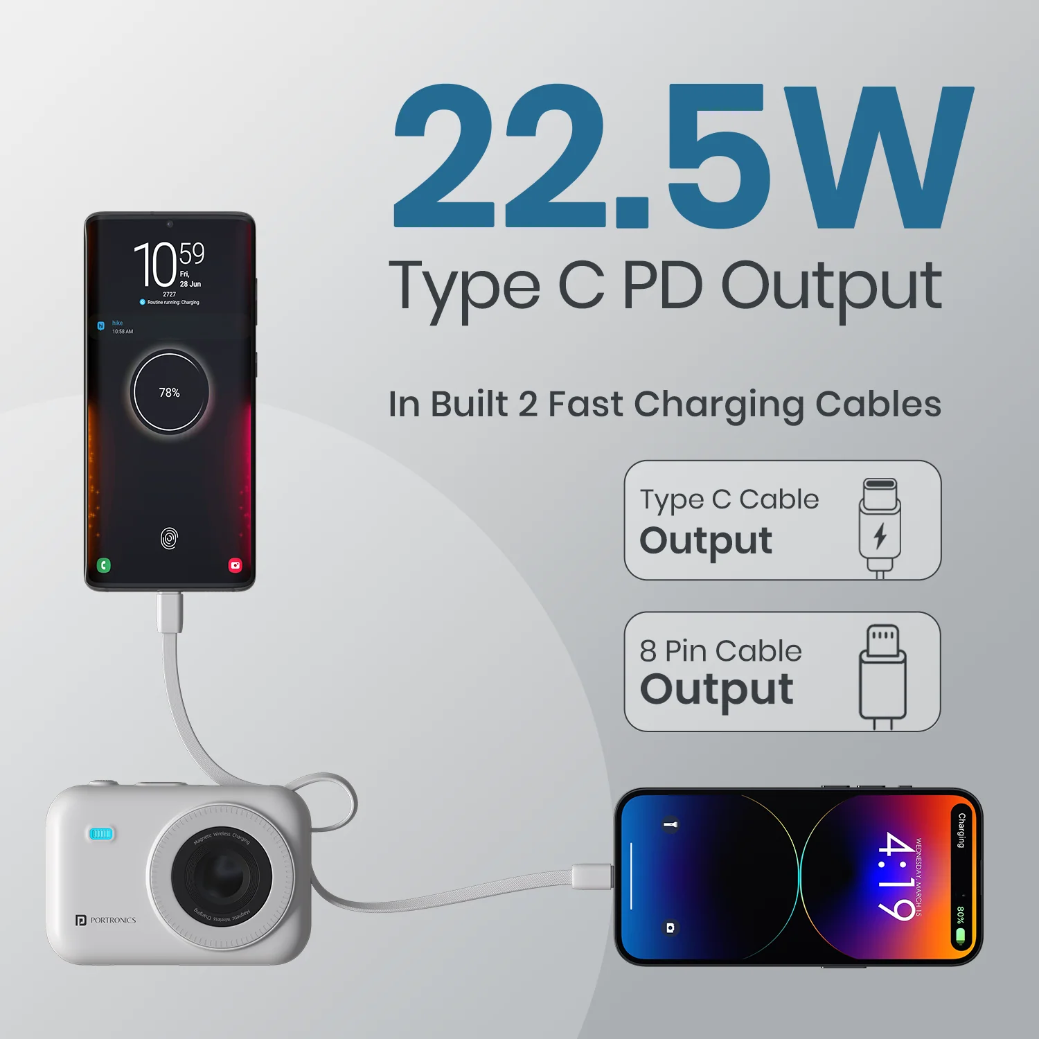 Portronics Power Shutter 20000mAh 15W Magnetic Wireless Fast Charging Powerbank with in-Built Type C & 8 Pin Cable, 22.5W Type C PD Output(White) - Image 4