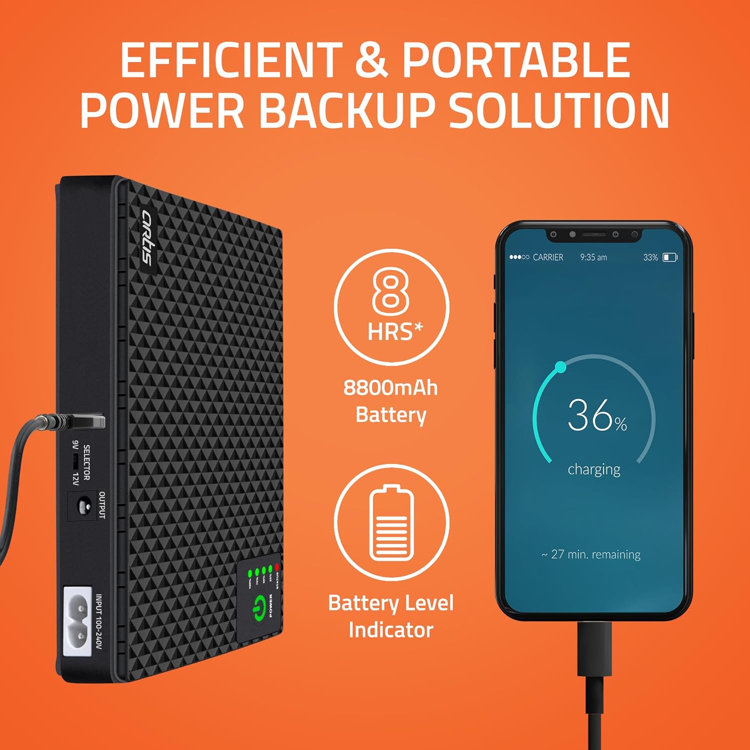 Artis AR-MINIDC-2 Mini UPS for WiFi Router/Modem/Set top Box Devices. 8800mAh Battery. Supports 9V/12V-1A/1.5A/2A Routers. USB Port Phone Charging. Battery Level Indicator. BIS Certified - Image 6