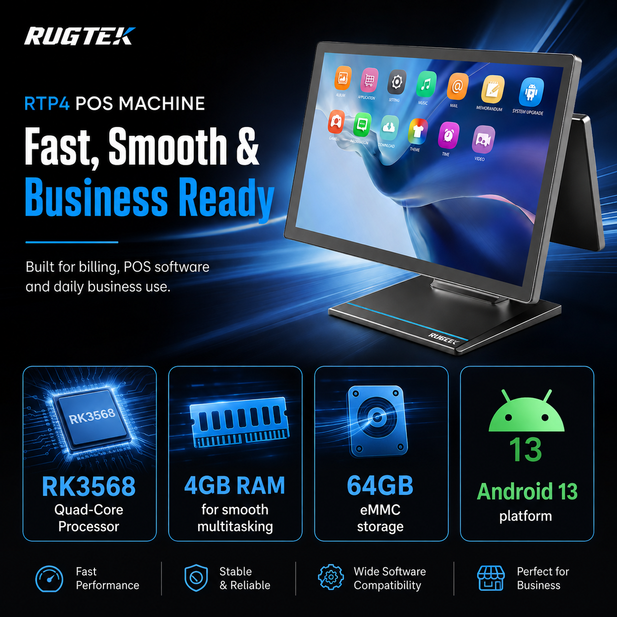 Rugtek RTP4 POS Machine – 15.6" Sleek Android 13 Terminal, RK3568 Quad-Core, 4GB RAM, 64GB eMMC, WiFi+BT, Multiple Ports, 1 Year Onsite Warranty - Image 6