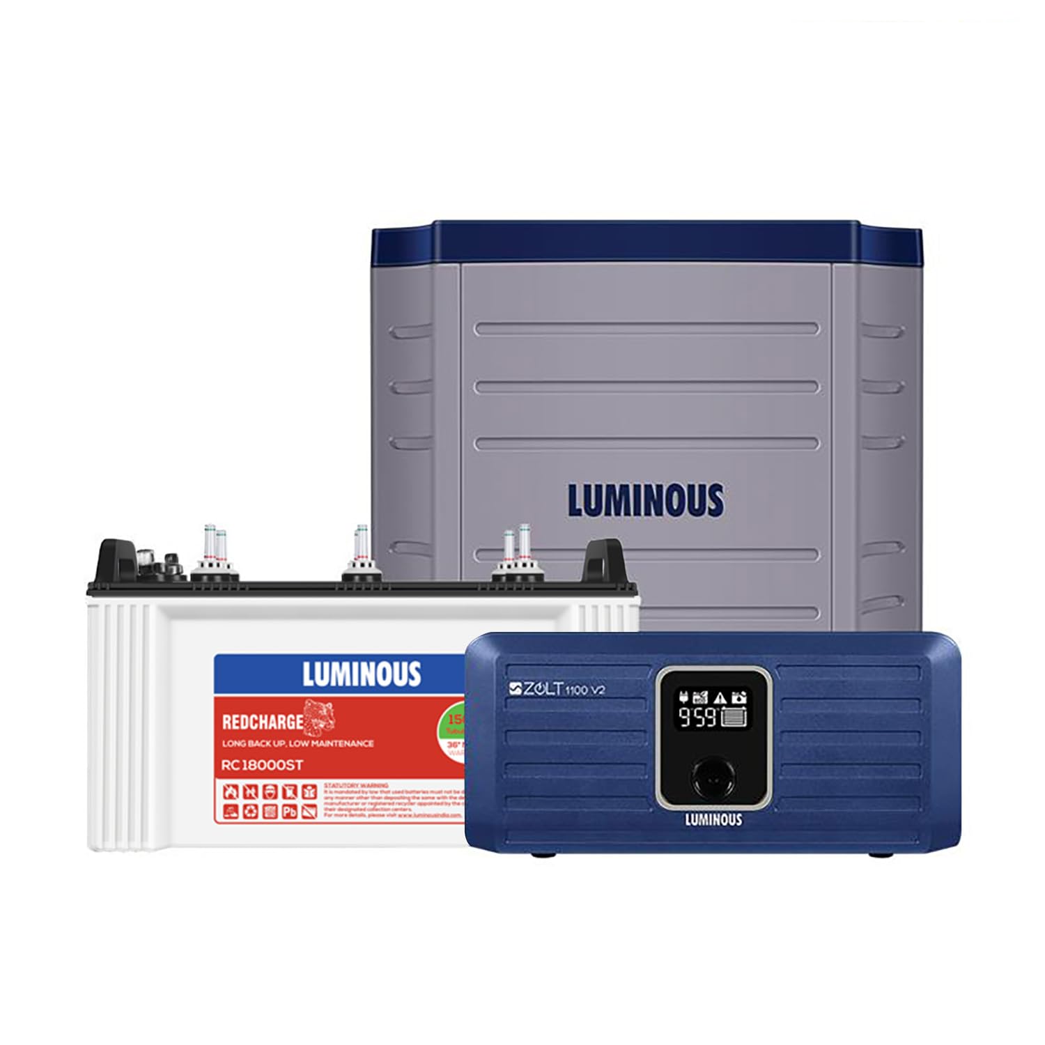 Luminous Inverter & Battery Combo with Trolley for Home, Shop & Office – Zolt 1100 (900VA/12V) Pure Sine Wave Inverter + RC18000ST 150Ah Short Tubular Battery | 36M Warranty on Inverter & Battery - Image 1