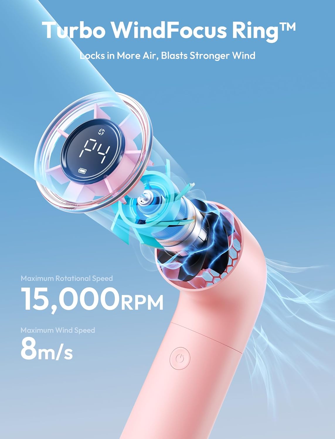 Aecooly Portable Handheld Aero Fan, High Speed Aluminum Case Turbo Mini r Fan with Honeycomb Air Inlet, Digital Display, Rechargeable Personal Small Pocket for Travel Beach -Pink - Image 6