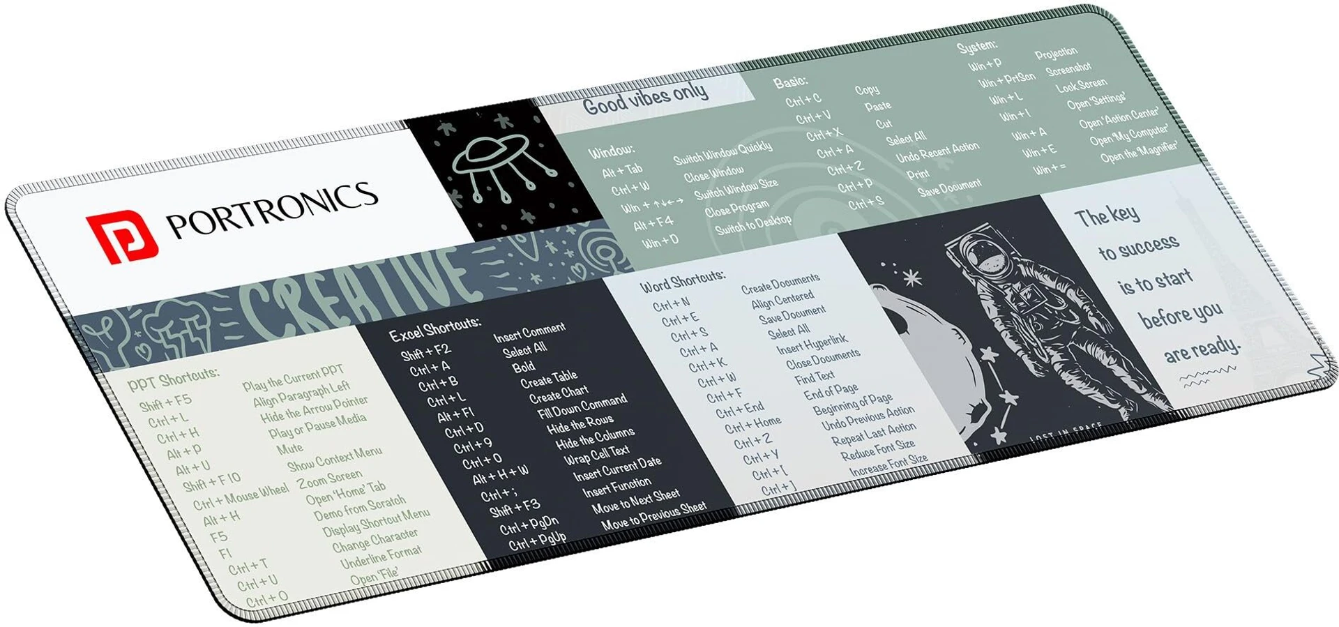 Portronics Comfipad 2 Extended Mouse Pad, Windows Shortcuts, Non-Slip Base, Stitched Edges Non Slip Base Mousepad (Grey) - Image 1