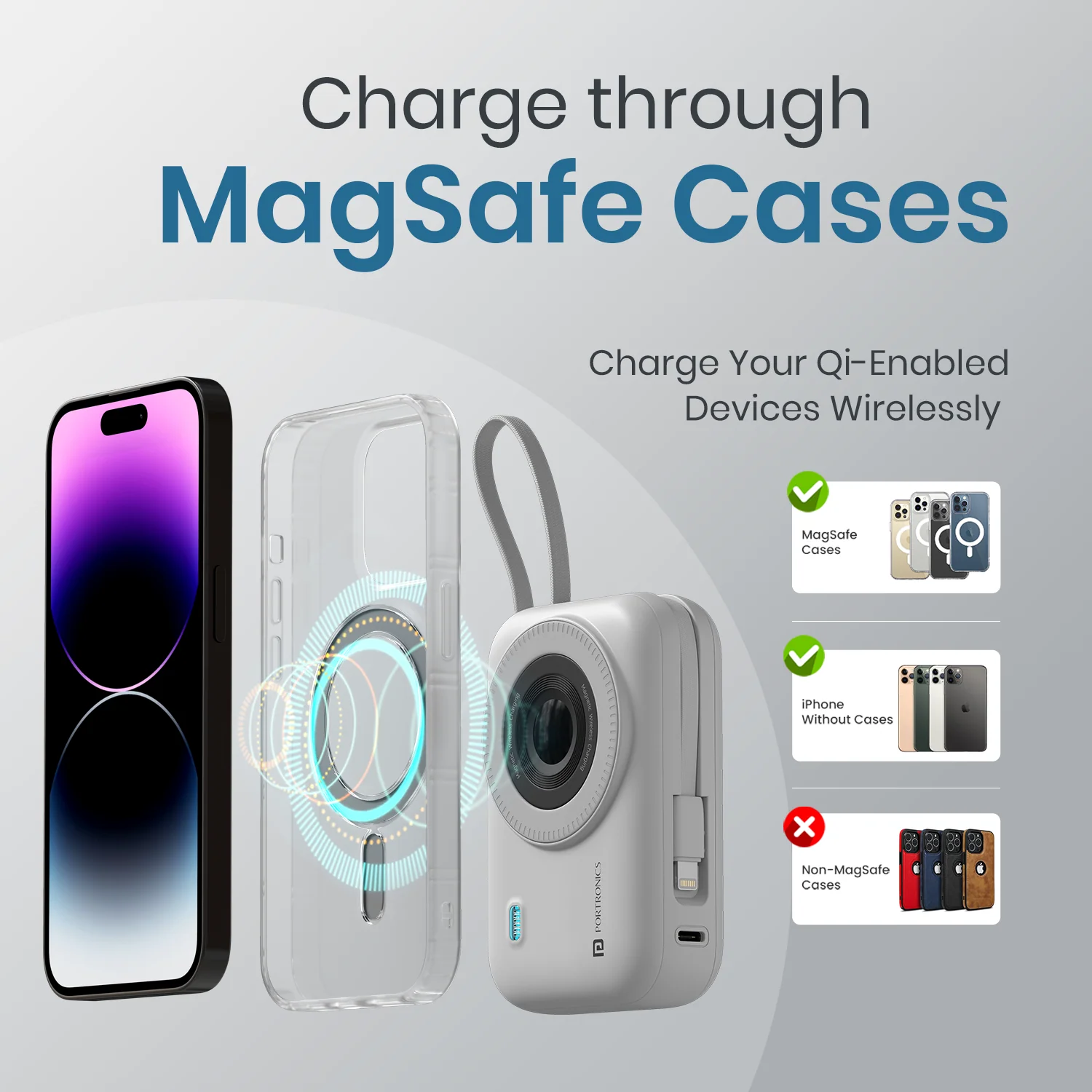 Portronics Power Shutter 20000mAh 15W Magnetic Wireless Fast Charging Powerbank with in-Built Type C & 8 Pin Cable, 22.5W Type C PD Output(White) - Image 8