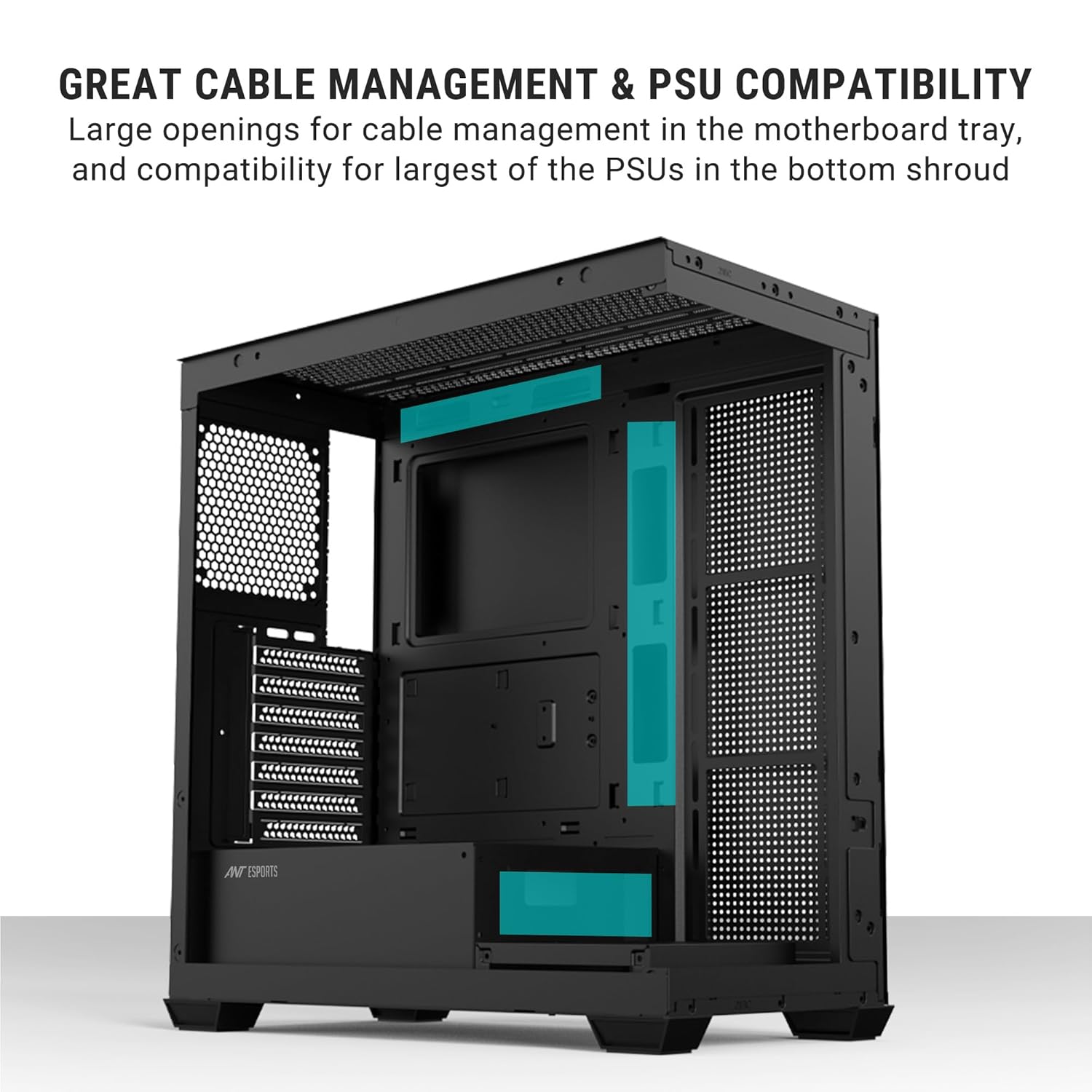 Ant Esports Crystal X7 ATX Computer Case/Gaming BlackType-C, supports ATX Micro-ATX Mini-ITX, 3 M/B plate fans, 2 PSU shroud fans - Image 11