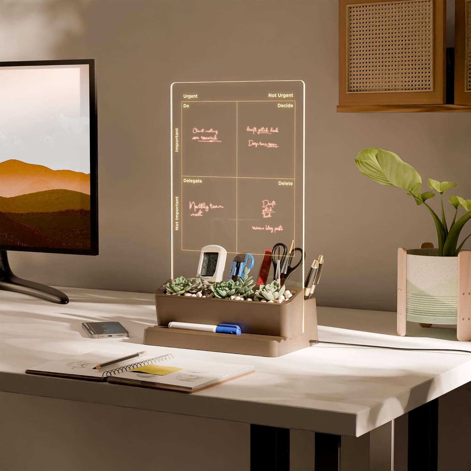 eo Daily Planner & Desk Organiser, LED Writing Pad, USB Powered, Pen Stand, Backlit Table, Pencil Holder, Phone, Office, Home, Study - Image 1