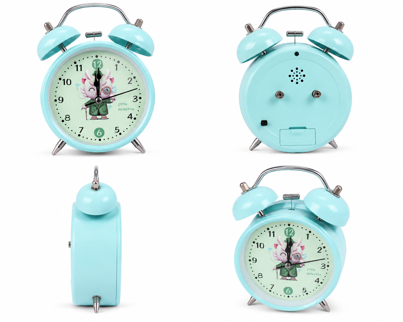 Aqua Blue Twin Bell Analog Alarm Clock with Cartoon Detective Dial - Image 5