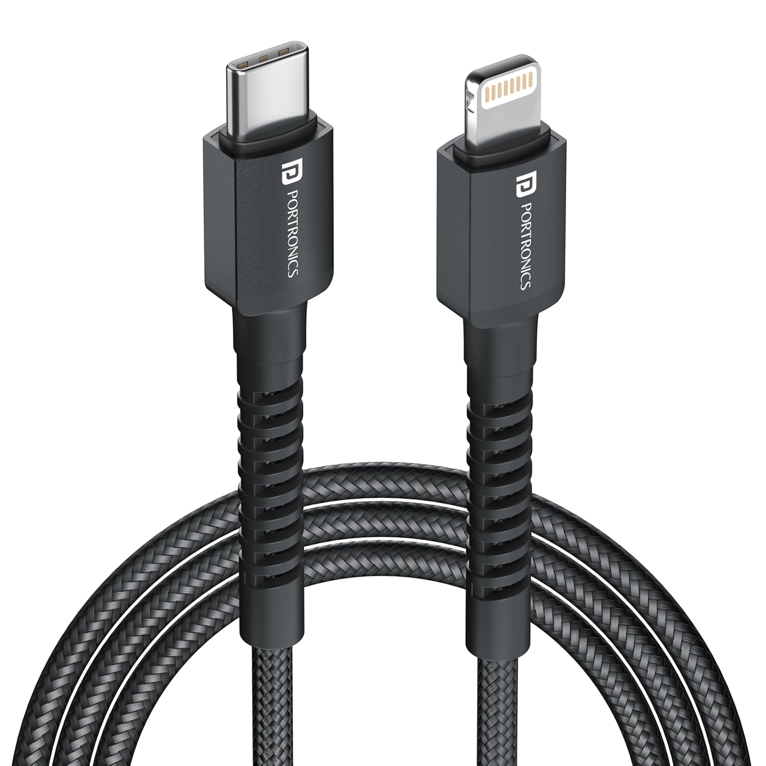 Portronics Konnect X 27W Type C to 8 Pin Fast Charging Strong Braided Cable, Metal Heads, 2M Length, Supports all 8 Pin & Lightning Devices (Black) - Image 1