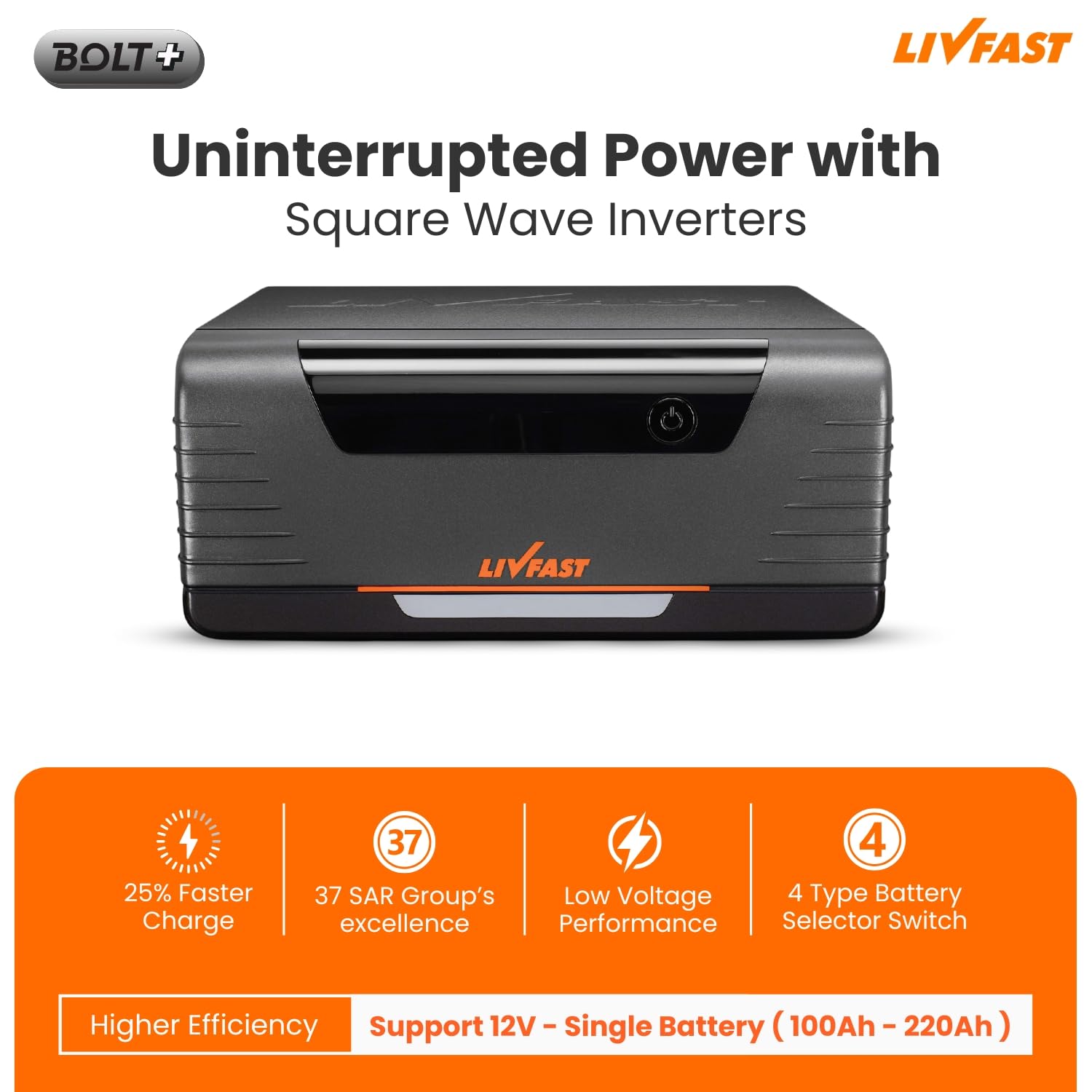 Livfast Bolt+ 900VA 12V Square Wave Inverter with 25% Faster Charging Ideal for Home, Office and Shop with 3 Years Warranty | Supports 1 Inverter Battery of 12V - Image 3