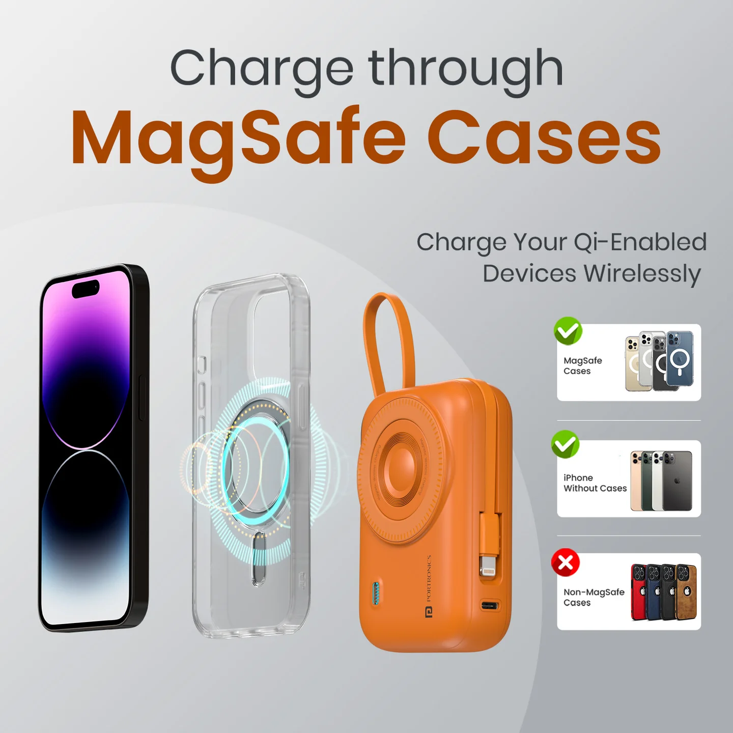 Portronics Power Shutter 20000mAh 15W Magnetic Wireless Fast Charging Powerbank with in-Built Type C & 8 Pin Cable, 22.5W Type C PD Output(Orange) - Image 5
