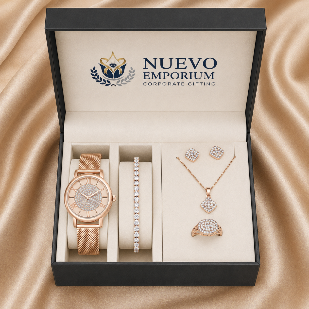 Nuevo RoseÉlan Premium Rose Gold Watch & Jewellery Gift Set for Women | Necklace, Earrings, Ring & Bracelet | Luxury Gift Box - Image 1