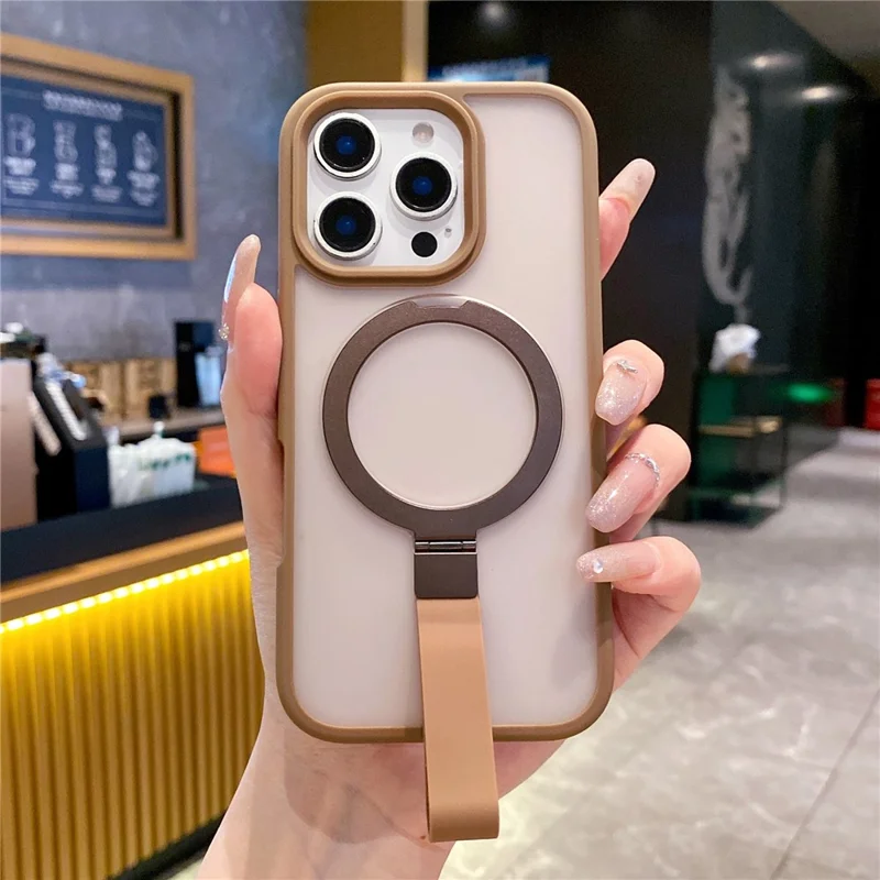 For iPhone 16 Pro Case TPU PC Phone Back Cover with Integrated Lanyard Metal Kickstand - Desert Gold - Image 1