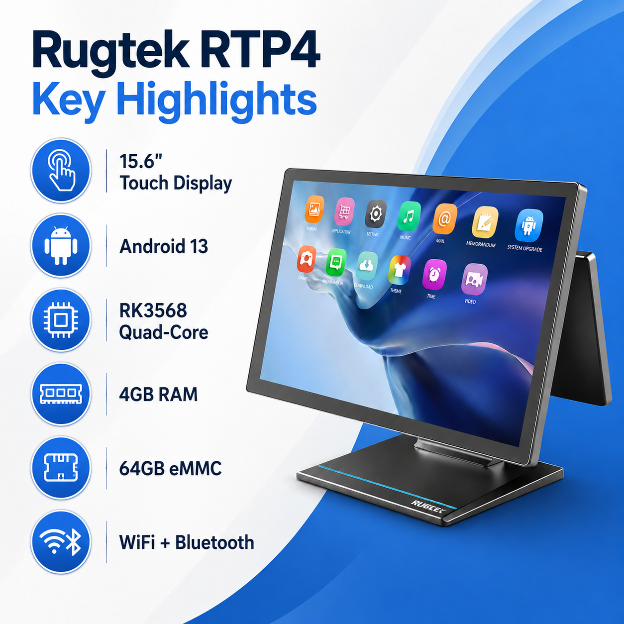 Rugtek RTP4 POS Machine – 15.6" Sleek Android 13 Terminal, RK3568 Quad-Core, 4GB RAM, 64GB eMMC, WiFi+BT, Multiple Ports, 1 Year Onsite Warranty - Image 4