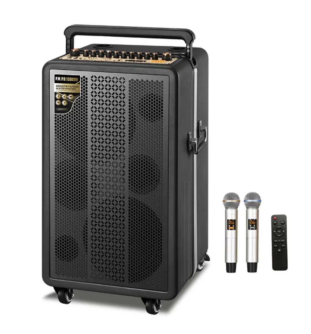 M2806 New 12 Inch Rechargeable Active Trolley Speaker Powerful Wooden Outdoor Portable Speaker with Two UHF Wireless MIC - Image 1