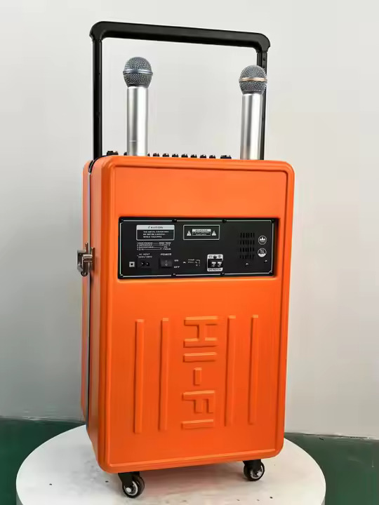 M2806 New 12 Inch Rechargeable Active Trolley Speaker Powerful Wooden Outdoor Portable Speaker with Two UHF Wireless MIC - Image 3
