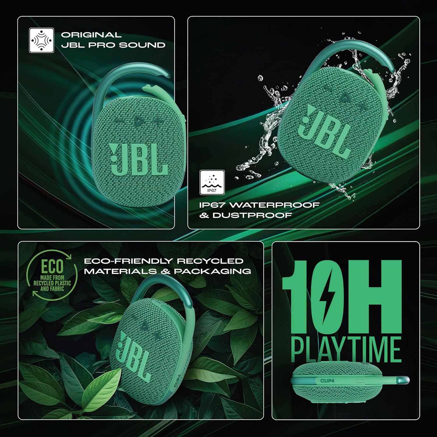 JBL Clip 4 Eco with eco-Friendly Recycled Materials & Packaging, Wireless Portable Bluetooth Speaker, Pro Sound, Integrated Carabiner, Dust & Waterproof, Type C (Without Mic, Green) - Image 2