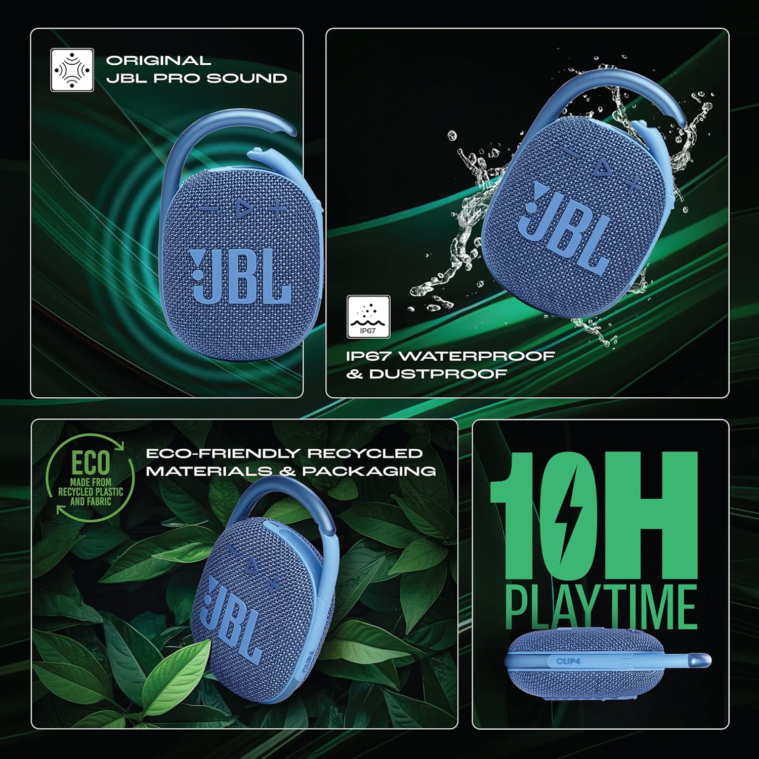 JBL Clip 4 Eco with eco-Friendly Recycled Materials & Packaging, Wireless Portable Bluetooth Speaker, Pro Sound, Integrated Carabiner, Dust & Waterproof, Type C (Without Mic, Blue) - Image 3