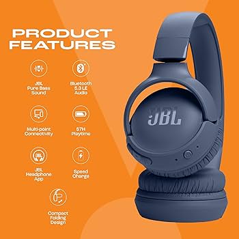 JBL Tune 520BT Wireless Headphones with Mic, Upto 57H Battery, Speed Charge : 5 min Charge Gives up to 3H of Playback, Multipoint Connect, Customizable Bass with Headphones App, BT 5.3 (Blue) - Image 2