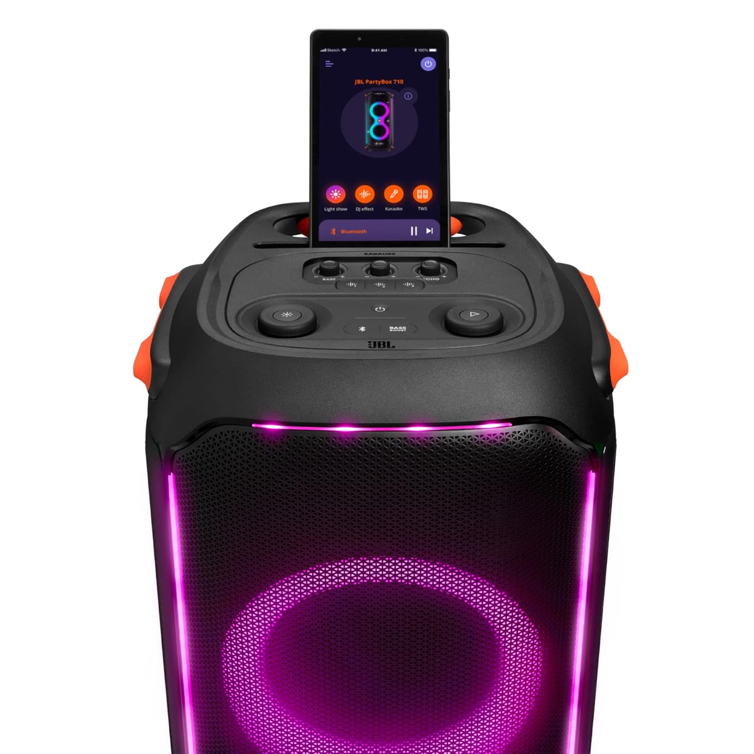 JBL PartyBox 710 Bluetooth Party Speaker with Dynamic Music Synced Flashing Club Pattern Lightshow, Pro Sound, Splashproof, PartyBox App Personalisation,Guitar and Mic Input(800 Watt RMS, Black) - Image 4