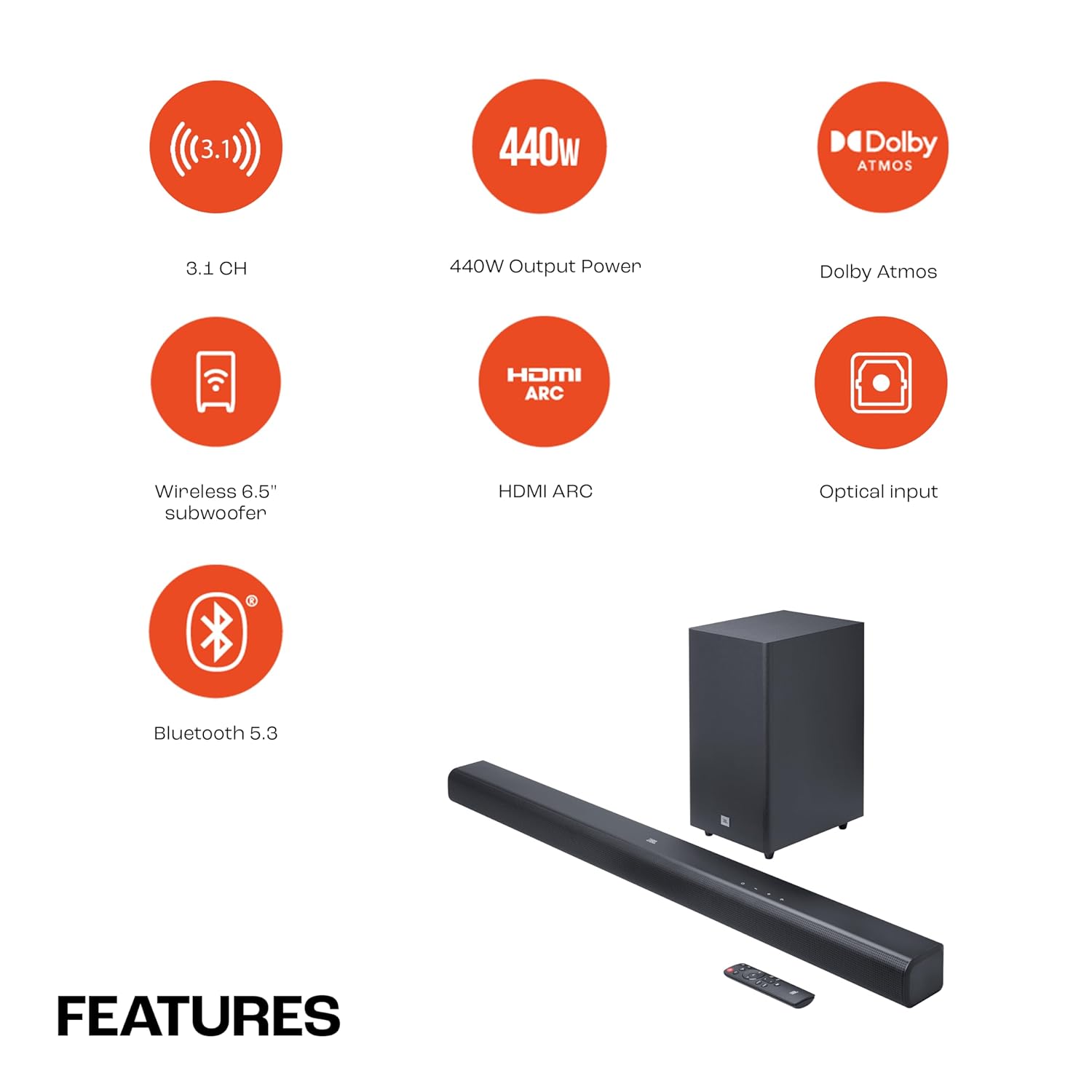 JBL Cinema SB590 Deep Bass, Dolby Atmos Soundbar with Wireless Subwoofer for Extra Deep Bass, 3.1 Channel, Center channel for superior voice clarity, HDMI eARC, Bluetooth & Optical Connectivity (440W) - Image 2