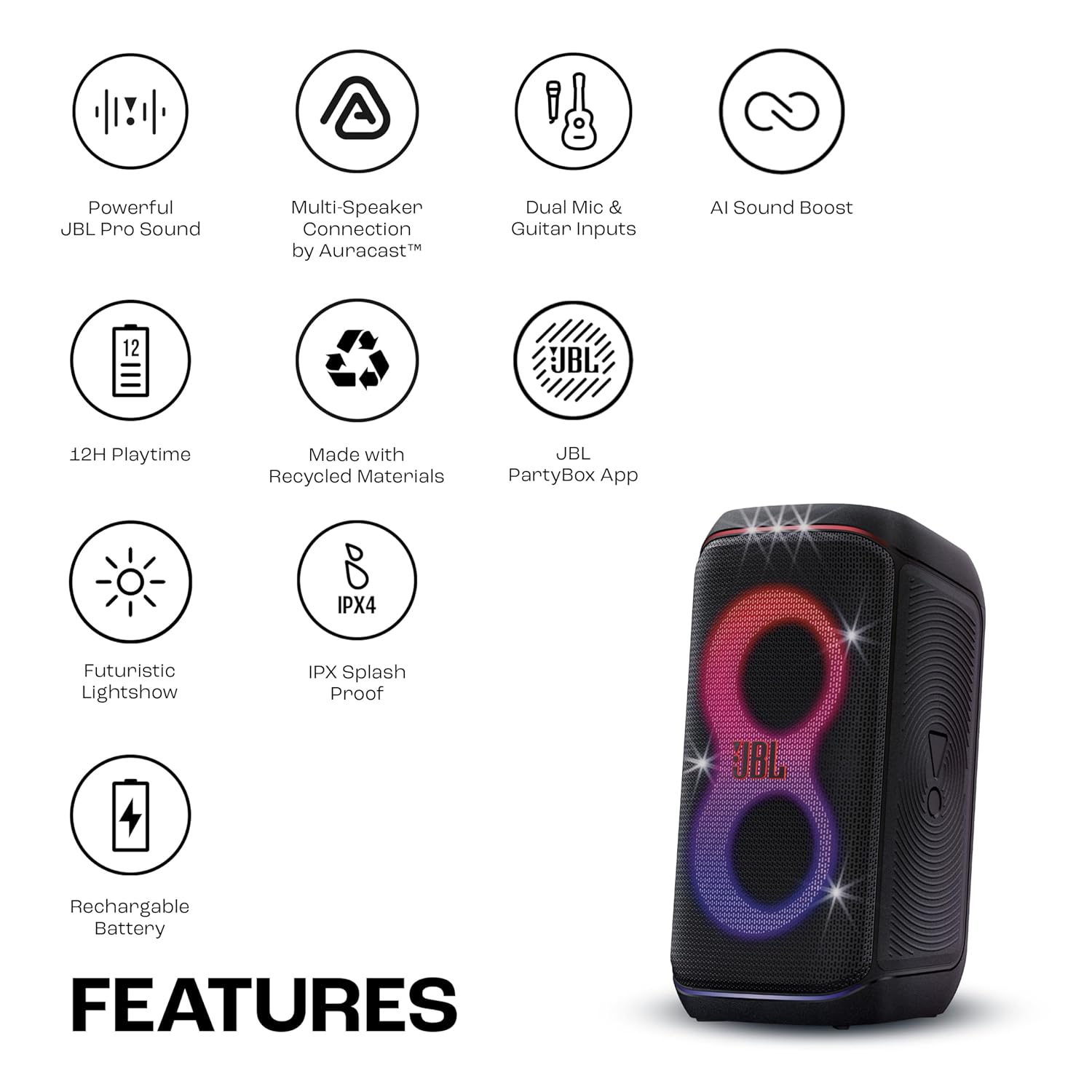 JBL Partybox 120 Wireless Bluetooth 160W Party Speaker, AI Sound Boost, Futuristic Light Show, Upto 12Hrs Playtime,Multispeaker Connection by Auracast, Guitar & Mic Input, Splashproof (Black) - Image 2