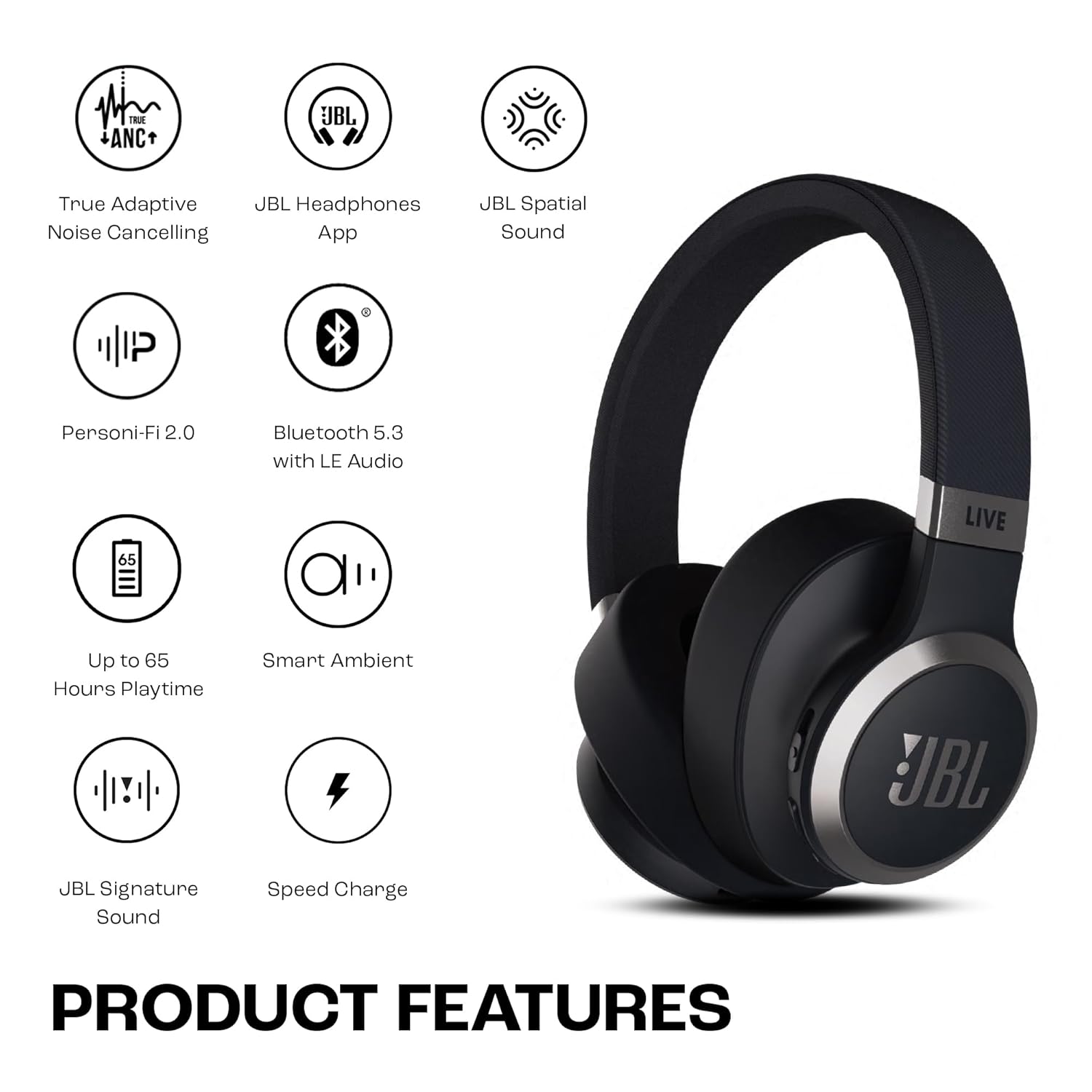 JBL Live 770NC True Adaptive Noise Cancellation Headphones Wireless Over Ear, Multipoint Connect, 65Hrs Battery, Speed Charge : 5min Charge Gives up to 4H of Playback, Spatial Sound, BT 5.3 (Black) - Image 2