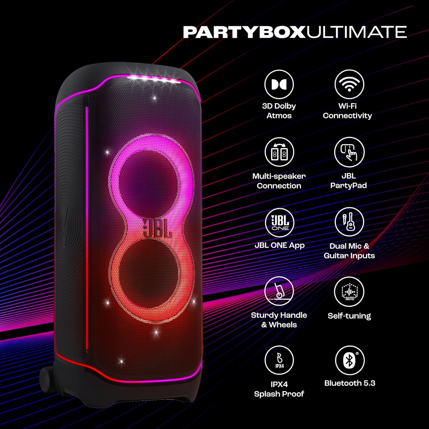 JBL Partybox Ultimate, Dynamic Lightshow, Party Pad, Wi-Fi & Bluetooth Connectivity, Dual Mic with Guitar Inputs, Pro Sound, Ipx4 Splashproof, Self Tuning, One App (Black) - Multimedia - Image 2