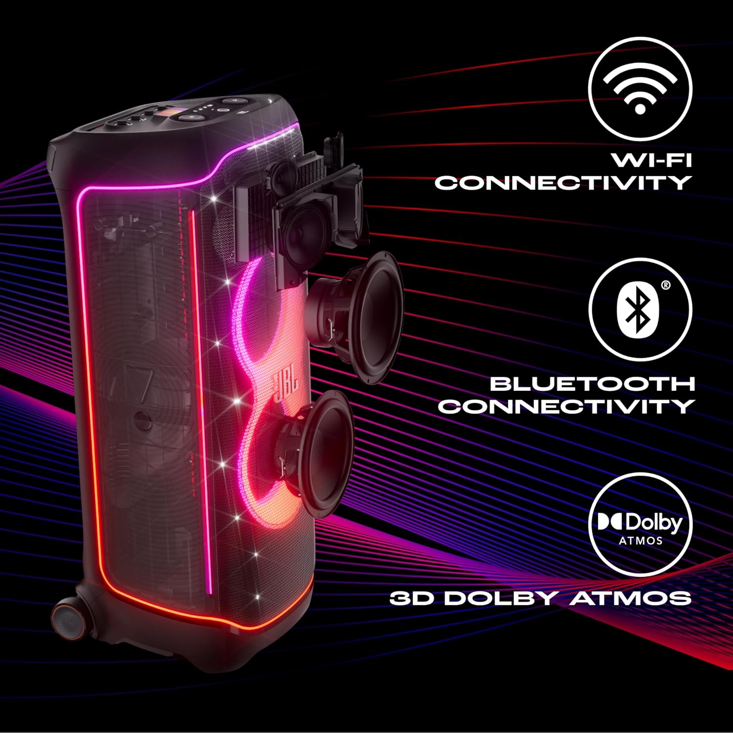 JBL Partybox Ultimate, Dynamic Lightshow, Party Pad, Wi-Fi & Bluetooth Connectivity, Dual Mic with Guitar Inputs, Pro Sound, Ipx4 Splashproof, Self Tuning, One App (Black) - Multimedia - Image 3