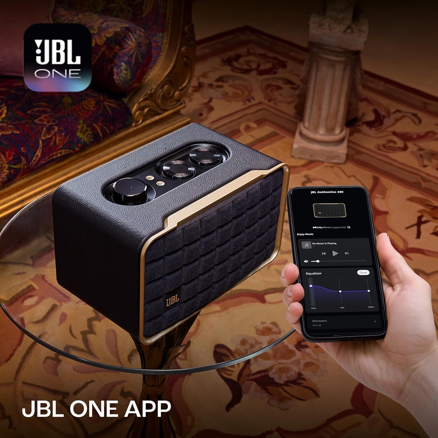 JBL Authentics 200, Smart Home WiFi Speaker and Music Streaming, Voice Assist and Bluetooth Connectivity, Automatic Calibration, Compatible with Google Home & Amazon Alexa, Retro Design in Black - Image 4