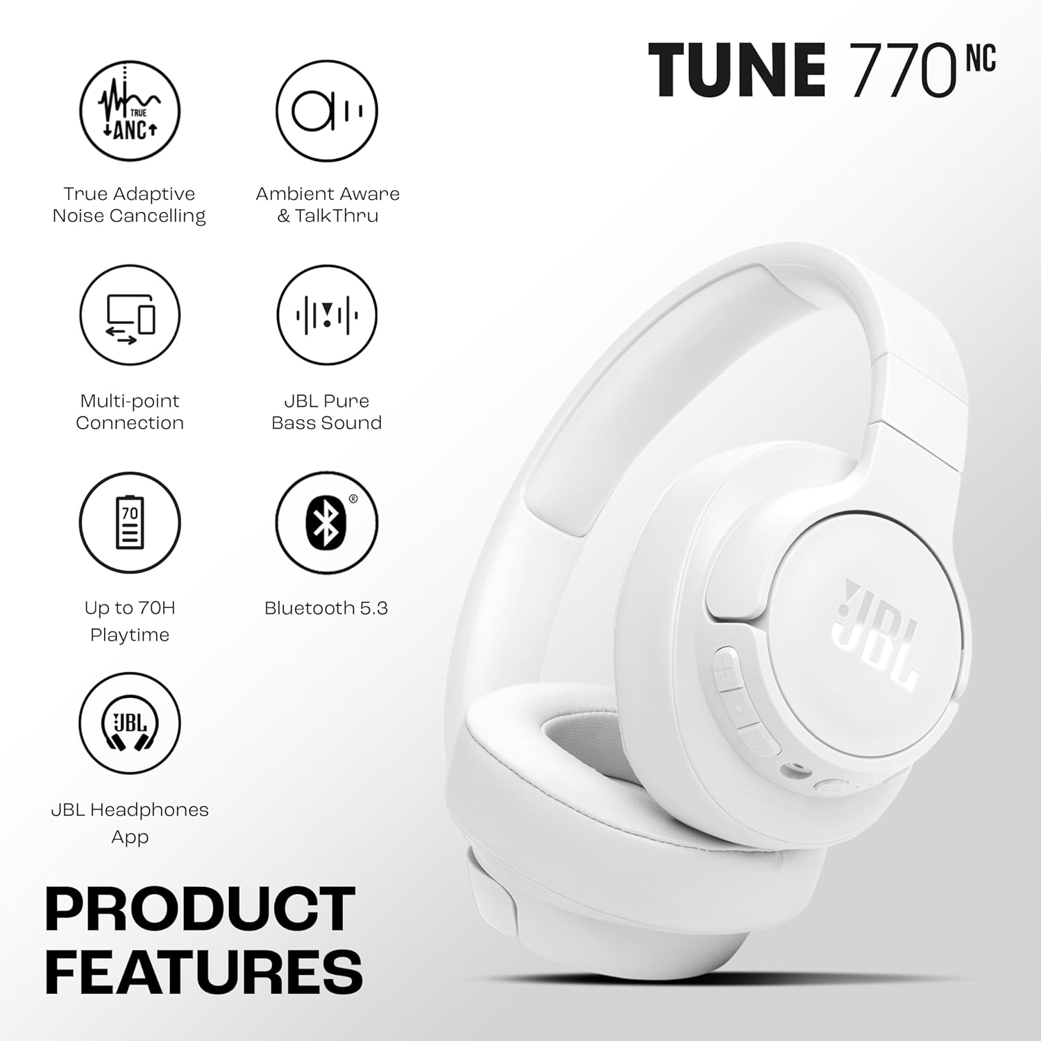 JBL Tune 770NC Wireless Over Ear ANC Headphones with Mic, Upto 70 Hrs Playtime, Speedcharge, Google Fast Pair, Dual Pairing, BT 5.3 LE Audio, Customize on JBL Headphones App (White) - Image 2