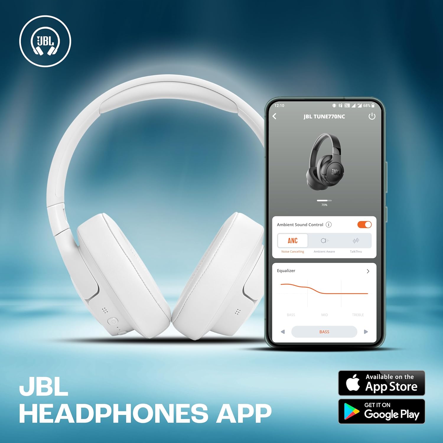 JBL Tune 770NC Wireless Over Ear ANC Headphones with Mic, Upto 70 Hrs Playtime, Speedcharge, Google Fast Pair, Dual Pairing, BT 5.3 LE Audio, Customize on JBL Headphones App (White) - Image 4