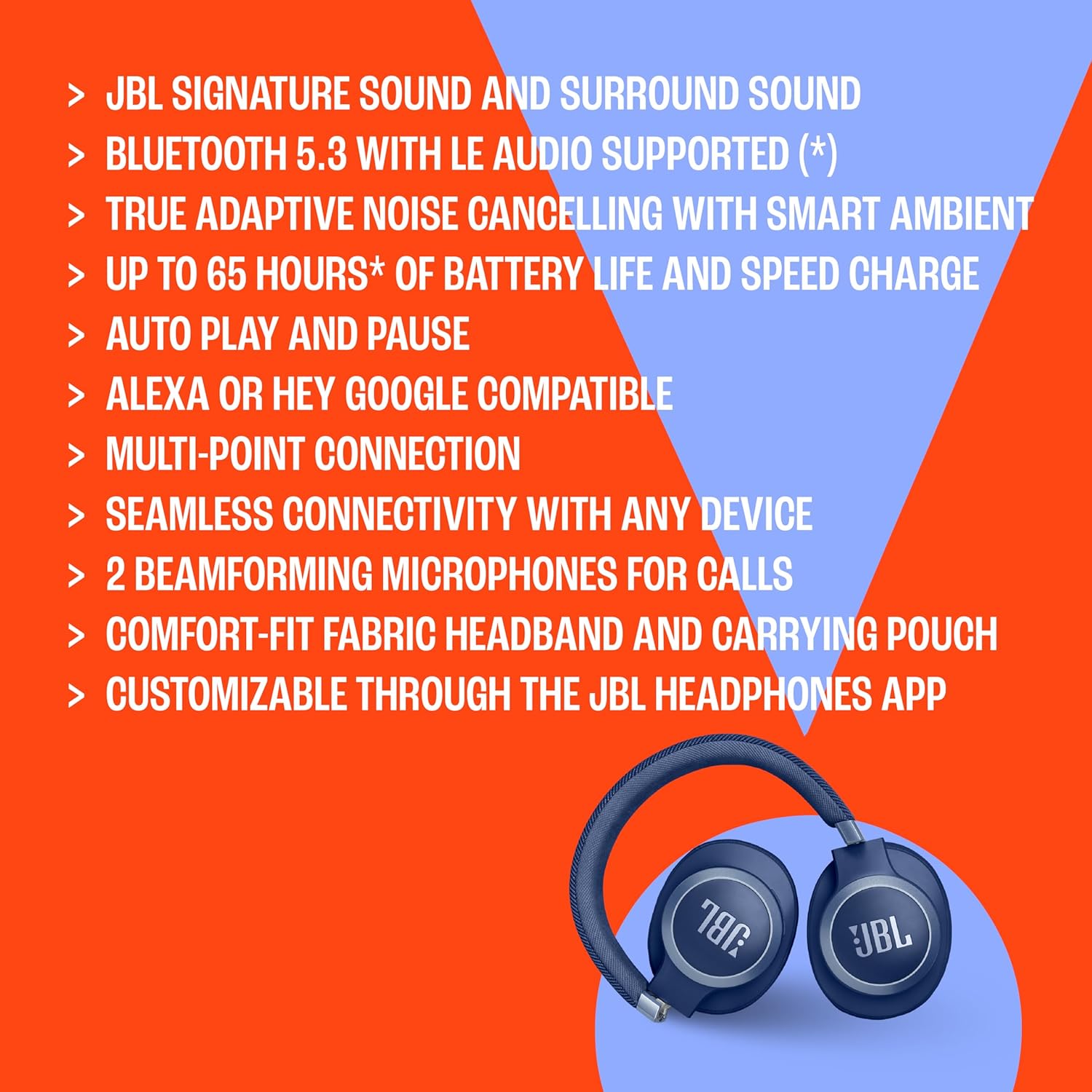 JBL Live 770NC True Adaptive Noise Cancellation Headphones Wireless Over Ear, Multipoint Connect, 65Hrs Battery, Speed Charge : 5min Charge Gives up to 4H of Playback, Spatial Sound, BT 5.3 (Blue) - Image 5