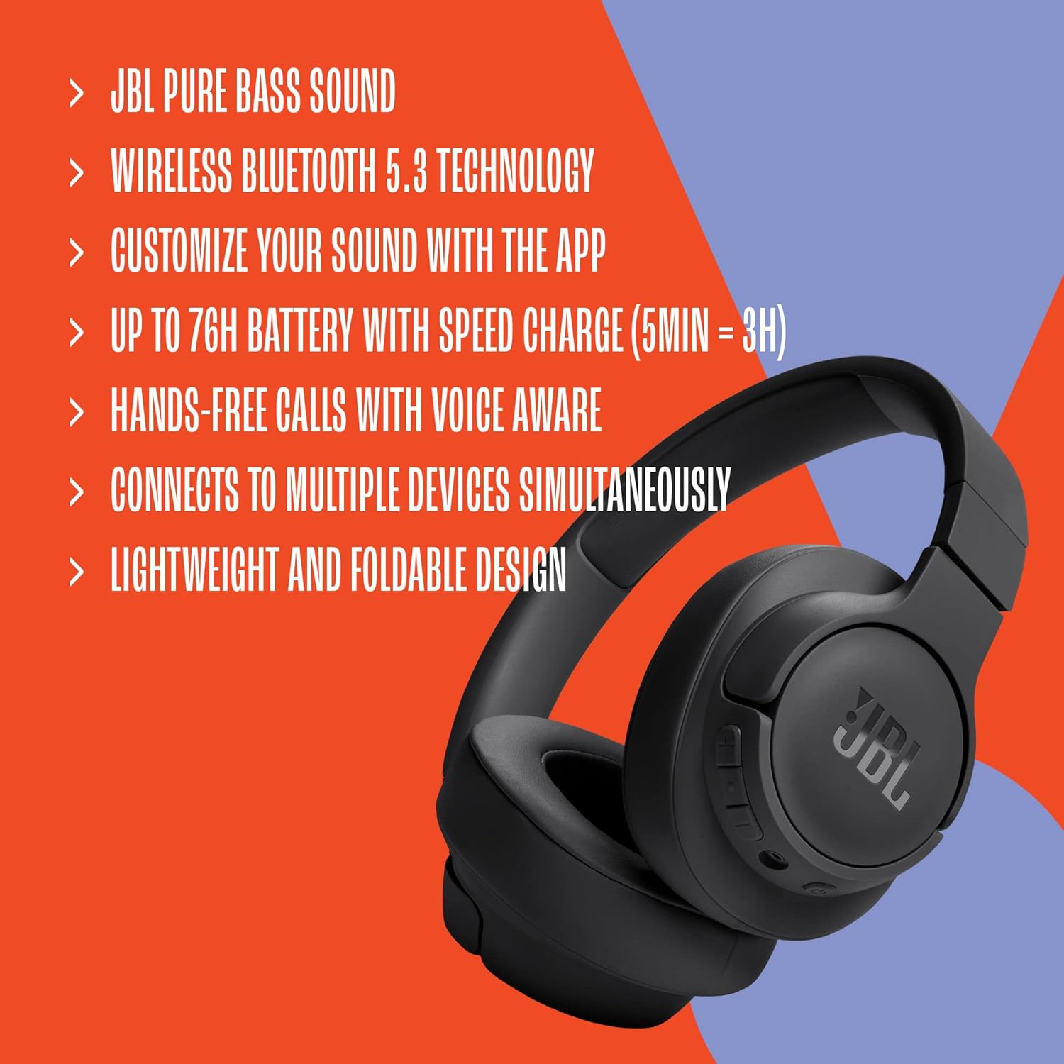 JBL Tune 720BT Wireless Over Ear Headphones with Mic, Pure Bass Sound, Upto 76 Hrs Playtime, Speedcharge, Dual Pairing, Customizable Bass with Headphones App, Lightweight, Bluetooth 5.3 (Black) - Image 5