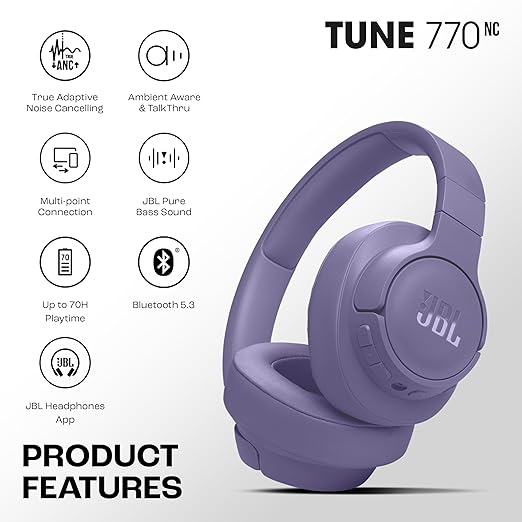 JBL Tune 770NC Wireless Over Ear ANC Headphones with Mic, Upto 70 Hrs Playtime, Speedcharge, Google Fast Pair, Dual Pairing, BT 5.3 LE Audio, Customize on Headphones App (Purple) - Image 2