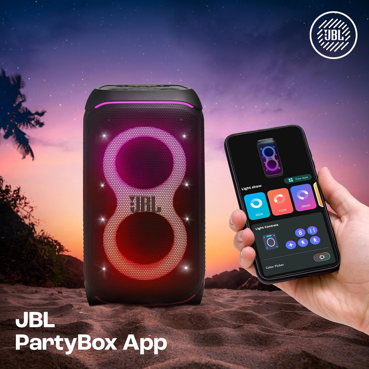 JBL Partybox 320, Portable Bluetooth 240W Party Speaker, AI Sound Boost, Futuristic Light Show, Multispeaker Connection by Auracast, Telescopic Handle & Wheels, Dual Guitar & Mic Inputs (Black) - Image 4