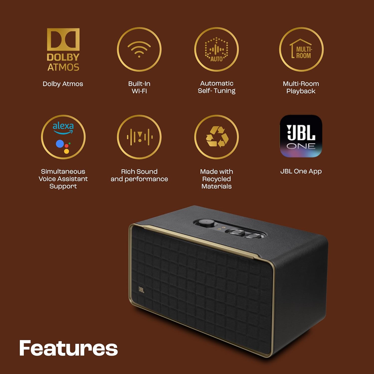 JBL Authentics 500, Dolby Atmos Smart Home Speaker Built-in WiFi and Music Streaming, Voice Assist and Bluetooth Connectivity, Automatic Calibration, Compatible with Google Home & Alexa, Retro Design - Image 2