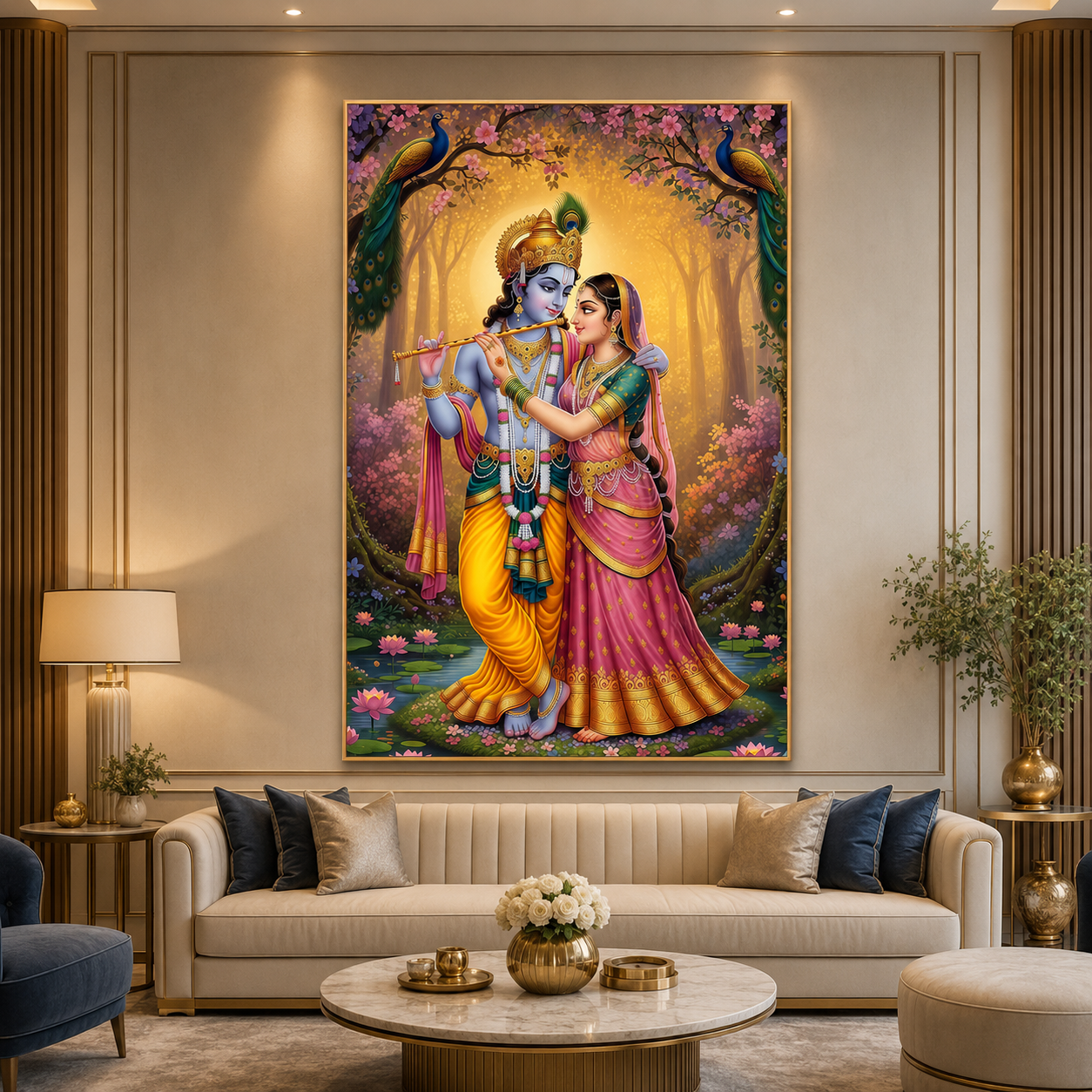 Krishna and Radha Love in Serenity Glass Finish Vertical Wall Art  Premium - Image 1