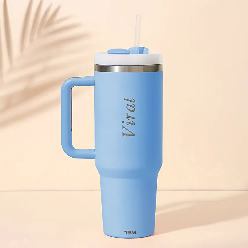 Personalised Cool Blue Trendy Stainless Steel Tumbler 1200 ml, Matte Finish with Handle & Straw Personalised Cool Blue Trendy Stainless Steel Tumbler 1200 ml, Matte Finish with Handle & Straw - Image 1