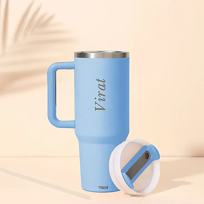 Personalised Cool Blue Trendy Stainless Steel Tumbler 1200 ml, Matte Finish with Handle & Straw Personalised Cool Blue Trendy Stainless Steel Tumbler 1200 ml, Matte Finish with Handle & Straw - Image 2