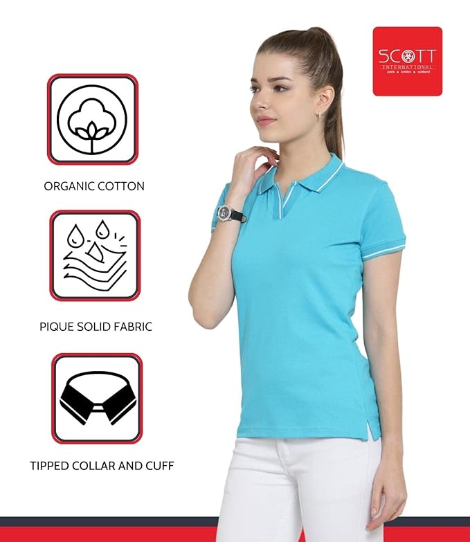 Scott International Women's Regular Fit 100% Pure Organic Cotton Polo T-Shirt | Womens Polo Collar Neck T-Shirt | Cotton Plain Polo Neck Half Sleeve T-Shirt | Tshirts for Women- Electric Blue - Image 3