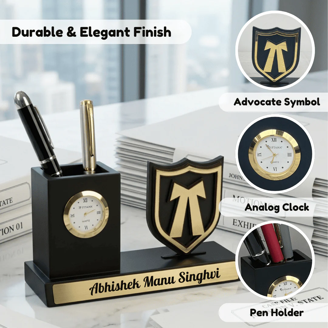 Nuevo Emporium Personalized Advocate Desk Organizer Gift | Wooden Organizer with Clock & Pen Holder - Image 2