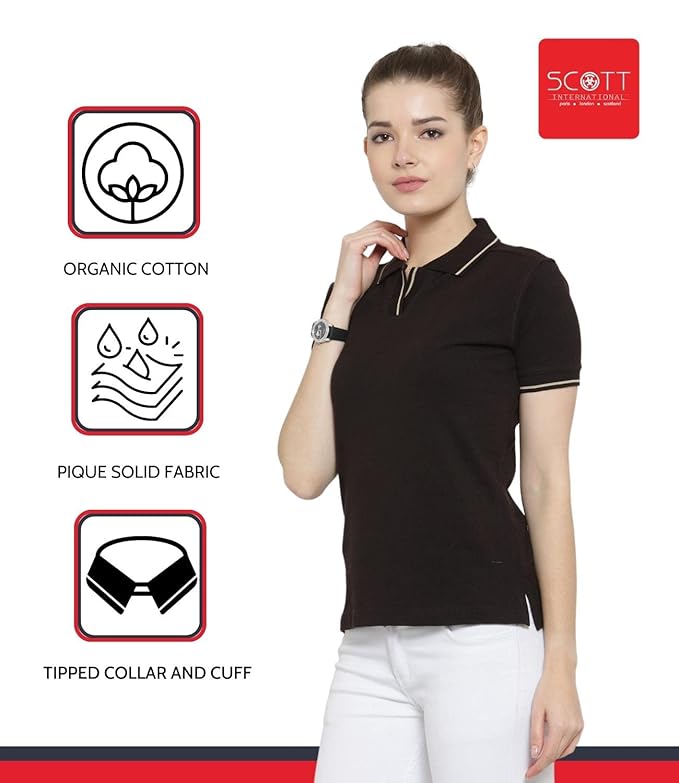 Scott International Women's Regular Fit 100% Pure Organic Cotton Polo T-Shirt | Womens Polo Collar Neck T-Shirt | Cotton Plain Polo Neck Half Sleeve T-Shirt | Tshirts for Women- Coffee Brown - Image 3